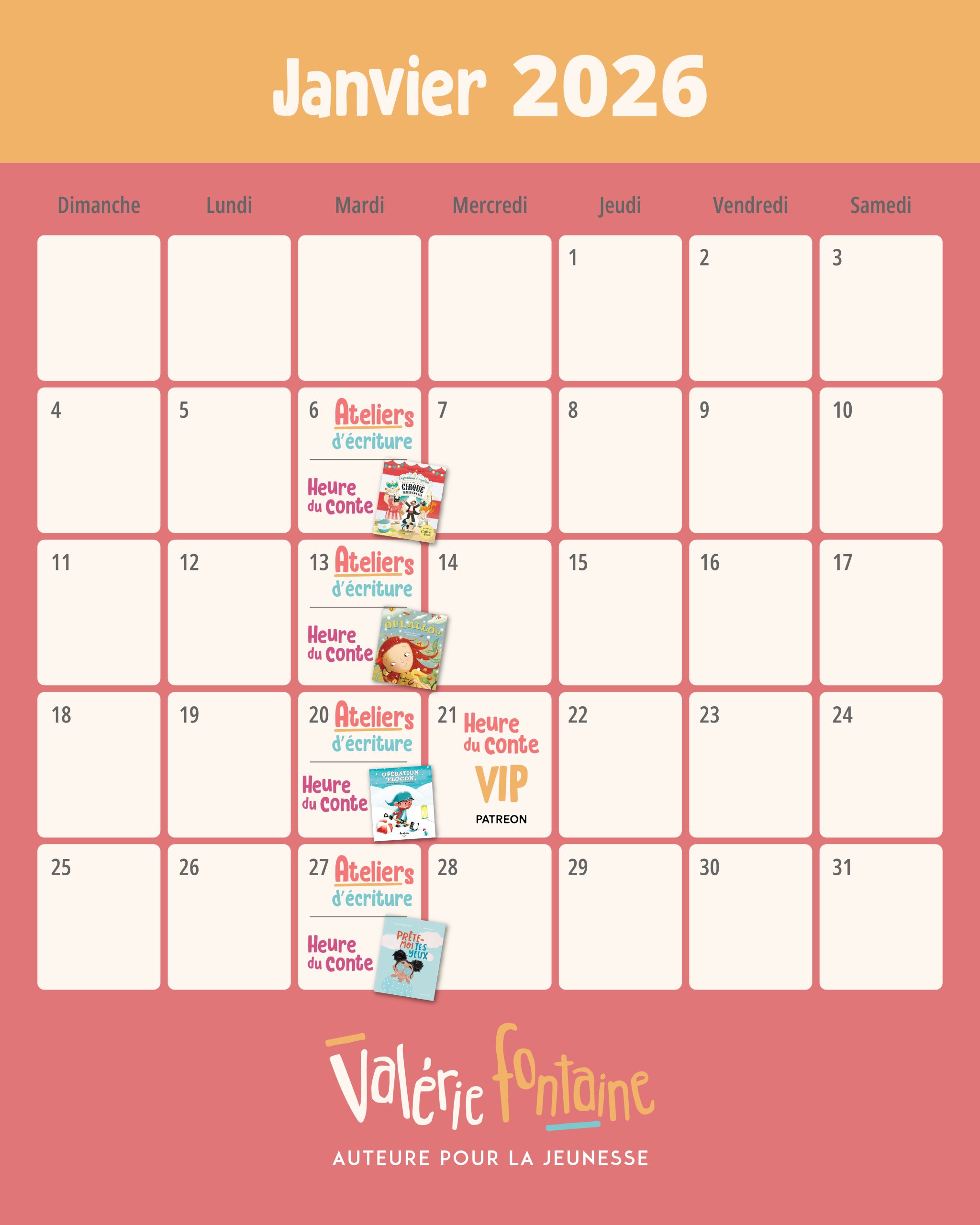 Calendrier Janvier-2026 Calendrier des activités de janvier 2026